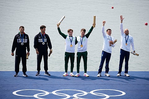 Men's lightweight double sculls rowing: Italy's Gabriel Soares and Stefano Oppo (Silver), Ireland's Fintan McCarthy and Paul O'Donovan (Gold) and Greece's Antonios Papakonstantinou and Petros Gkaidatzis (Bronze)